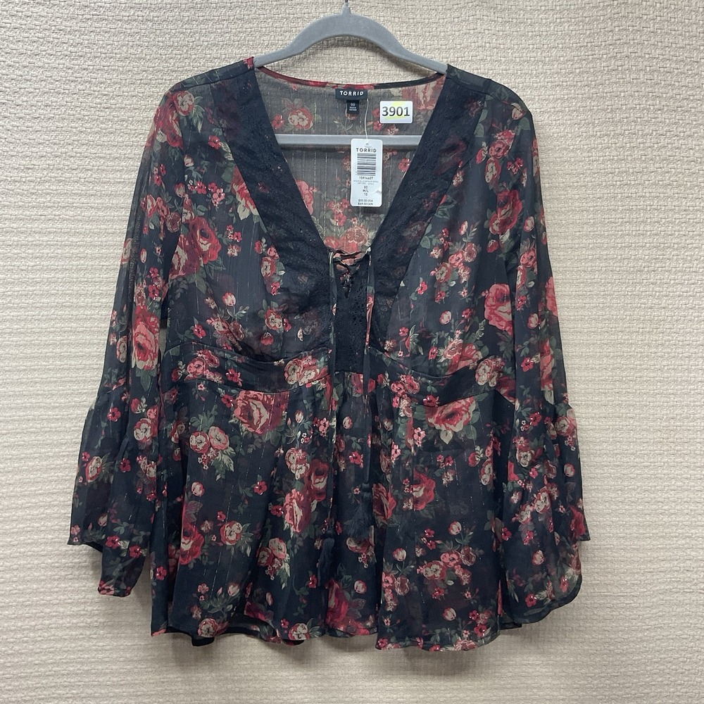 Torrid Plus Size 00 Sheer Chiffon‎ Floral Babydoll Blouse Black Romantic Fairy